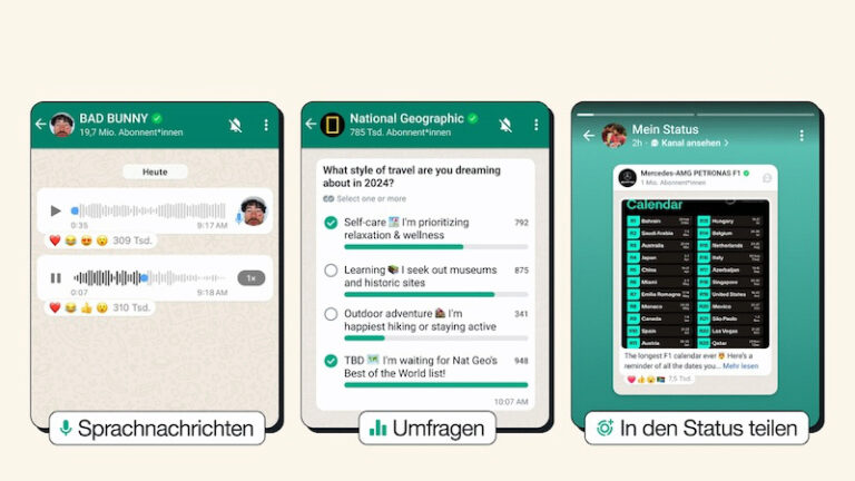 WhatsApp Kanäle Umfragen Status teilen und Sprachnachrichten