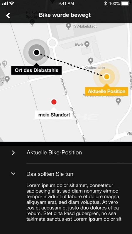 Econnect App zeigt Fahrraddiebstahl