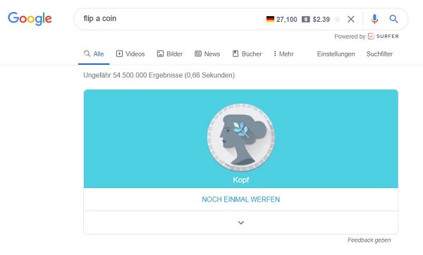 Münzwurf, Coin Toss, Kopf oder Zahl, Google Easter Eggs