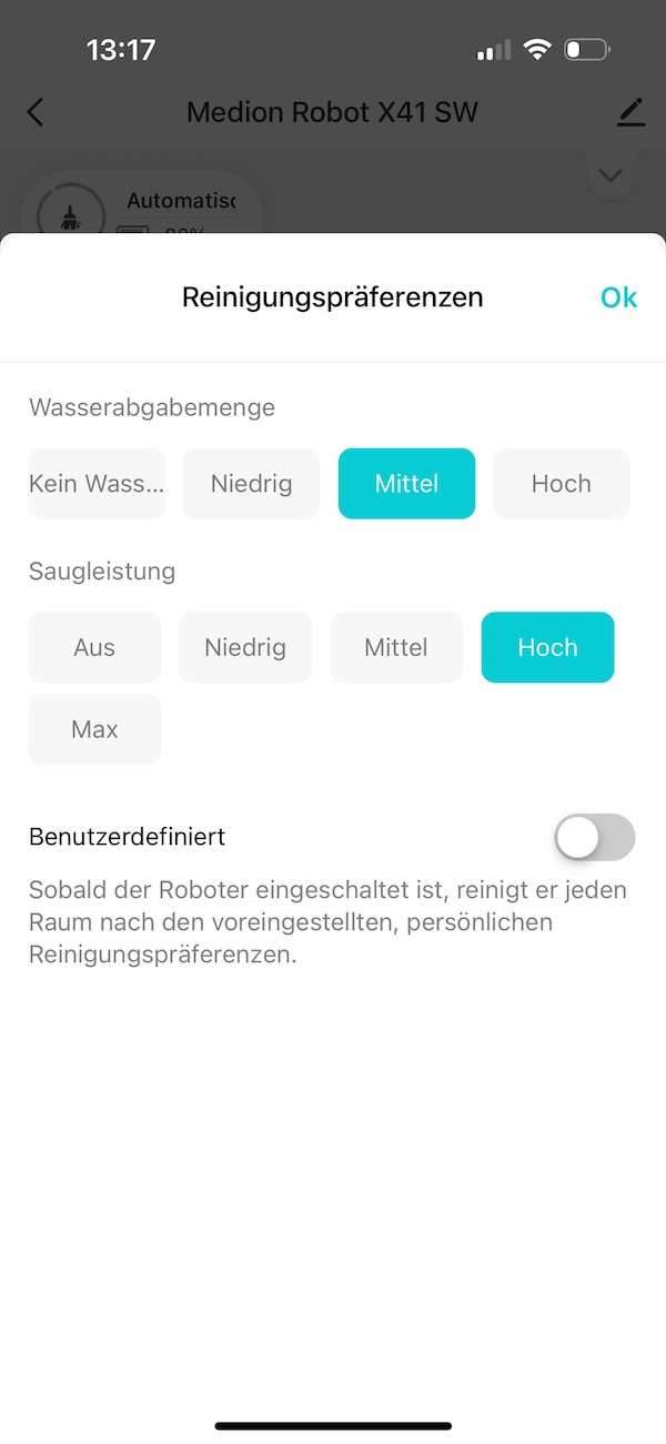 Über die App lassen sich auch Reinigungspräferenzen einstellen